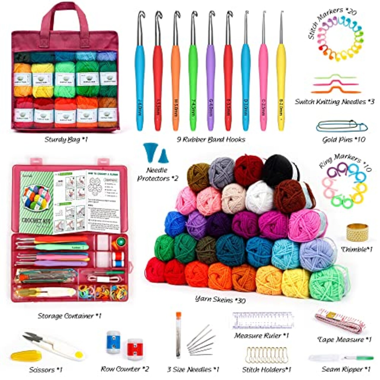 1650 Yards 30 Colors Crochet Yarn Kit for Beginners Adults and Kids, Includes Acrylic Skeins, User Manual, Hooks, Wine Bag etc, Make Amigurumi & Projects, Starter Set Professionals